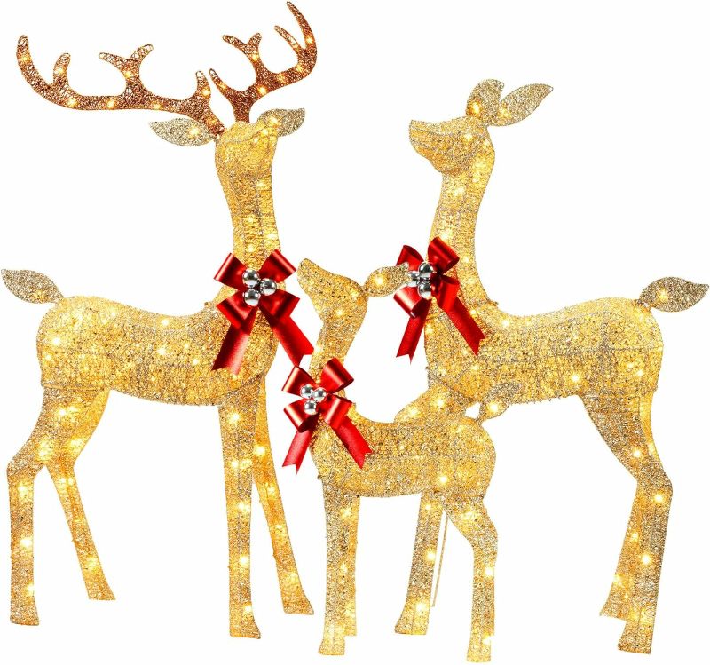 Photo 1 of YULETIME 3-Piece Pre-lit 3D Christmas Reindeer Family, Lighted Glitter Christmas Deer Family Holiday Decoration with 210 Warm White LED Lights (3D Family)