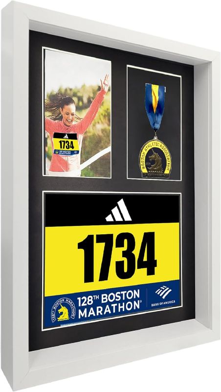 Photo 1 of MedalAwardsRack 3 in 1 Shadow Box Display (Medal, Race Bibs, and Photo Display) – Marathon Medal Display, Marathon Medal Frame, Triathlon and Running Bib Holder.