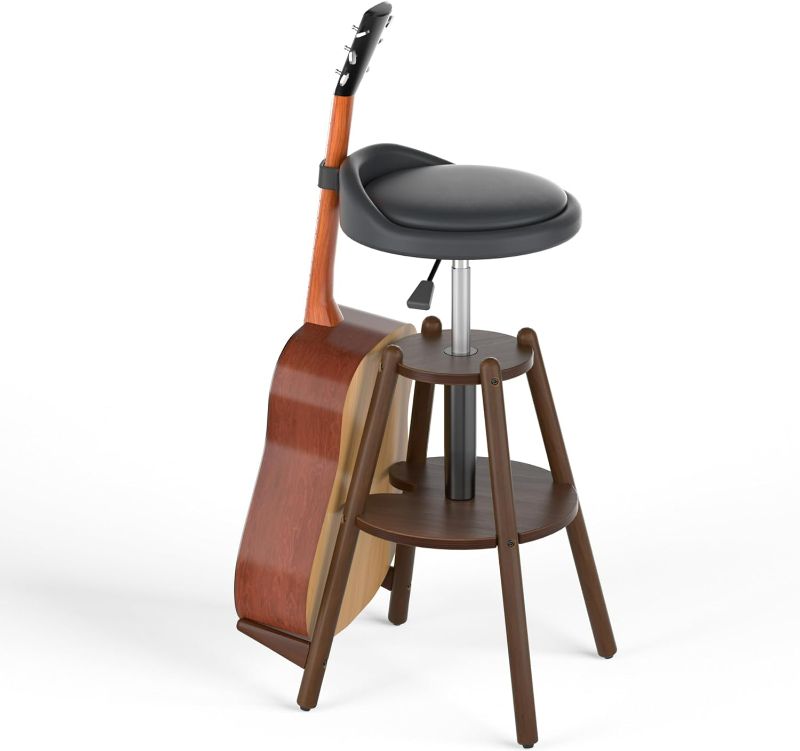 Photo 1 of Ackitry Wooden Guitar Stool with Height Adjustable, Guitar Chair Seat with Guitar Strap, Padded Cushion, Footrest for Guitar Player Musician Adults, Guitar Stand Holds Acoustic Electric Guitars Bass