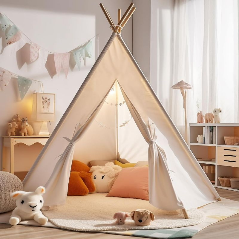 Photo 1 of Teepee Tent for Kids, Cotton Kids Tent Indoor, Sleepover Play Tent, Kids Teepee Tent, Party Tents for Kids Indoor for Parties, Teepee Tent for Boys, with Wooden Poles for Kids 3,4,5,6,7,8,9