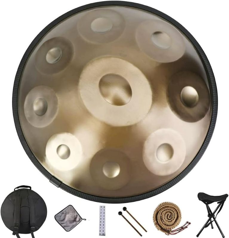 Photo 1 of Handpan Drum in D Minor 440Hz 9 Notes 22 Inches Steel Hand Drum, Hand Pan Drum Instrument with Soft Handpan Bag, 2 Handpan Mallets, Handpan Stand and Dust-Free Cloth (Gold)