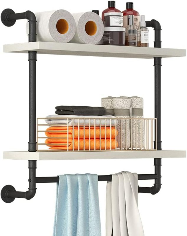 Photo 1 of 24inch Industrial Pipe Shelving Bathroom Shelves Wall Mounted with Towel bar, 2 Tier Rustic Wood Floating Shelf, Metal Towel Rack Wall Shelf for Home & Bathroom (White, 24inch)