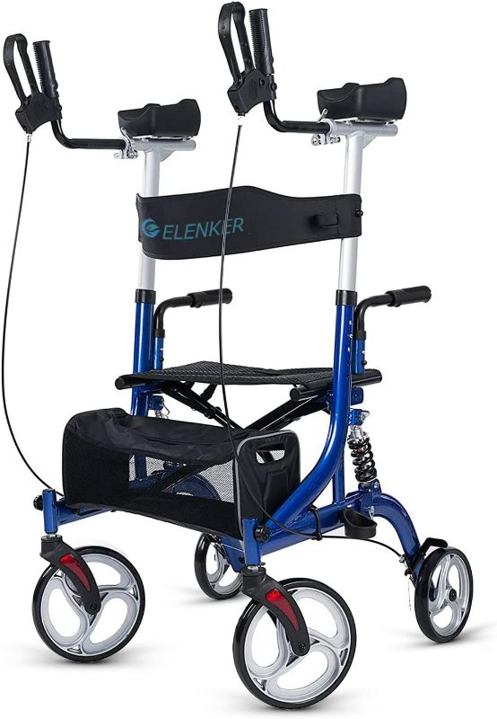 Photo 1 of ELENKER Upright Rollator Walker, Stand Up Rollator Walker with Shock Absorber, 10” Front Wheels and Carrying Pouch, Suitable for Outdoor, light Blue