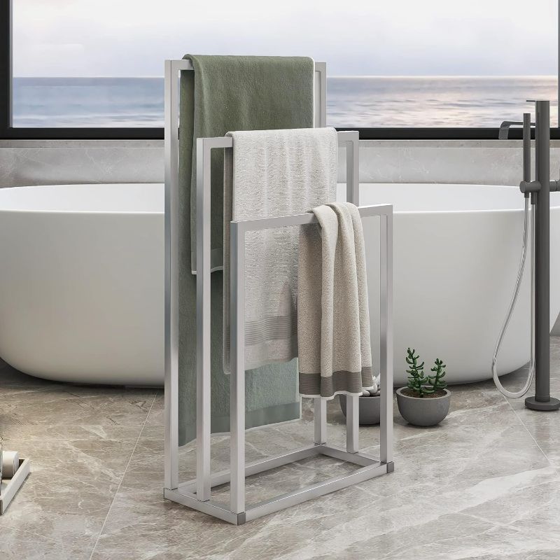 Photo 1 of BOFENG Silver Metal Freestanding Towel Racks for Bathroom Towel Stand,3 Tiers Floor Towel Rack Holder,Chrome Ladder Towel Racks Anti-Rust Bathroom Accessories Organizer for Bath Storage & Hand Towel