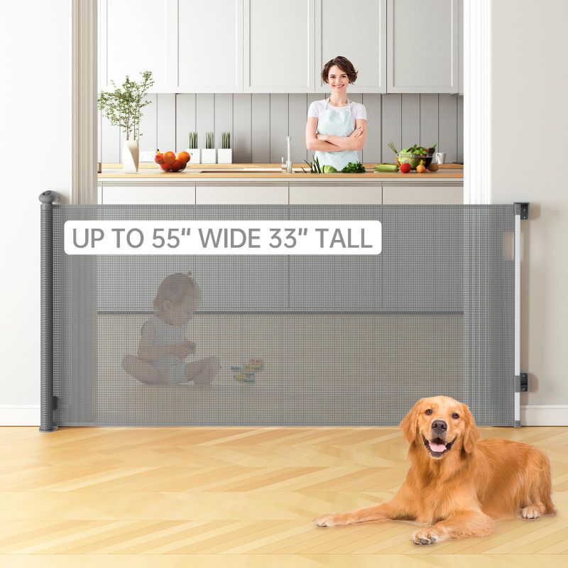 Photo 1 of Bulubaky Retractable Baby Gates Dog Gates, Sturdy Mesh Safety Child Gate, 33" Tall Extends up to 55" Wide Extra Long Sliding Gate for Doorway Hallway Stair Porch Gates for Kids or Pets Indoor Outdoor 33x55 Inch