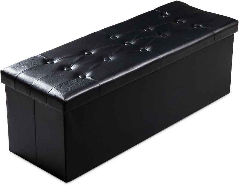Photo 1 of PRANDOM Jumbo Ottoman with Storage [1-Pack] Faux Leather Folding Small Square Foot Stool with Lid for Living Room Bedroom Coffee Table Dorm Black 43x15x15 inches