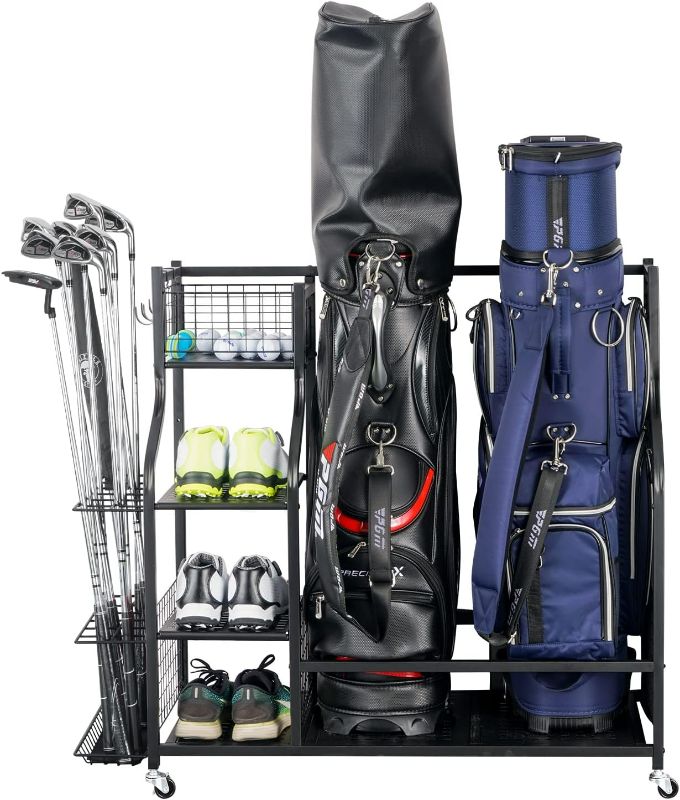 Photo 1 of Mythinglogic Golf Storage Garage Organizer, Golf Bag Storage Stand and Other Golfing Equipment Rack, Extra Storage Rack for Golf Clubs