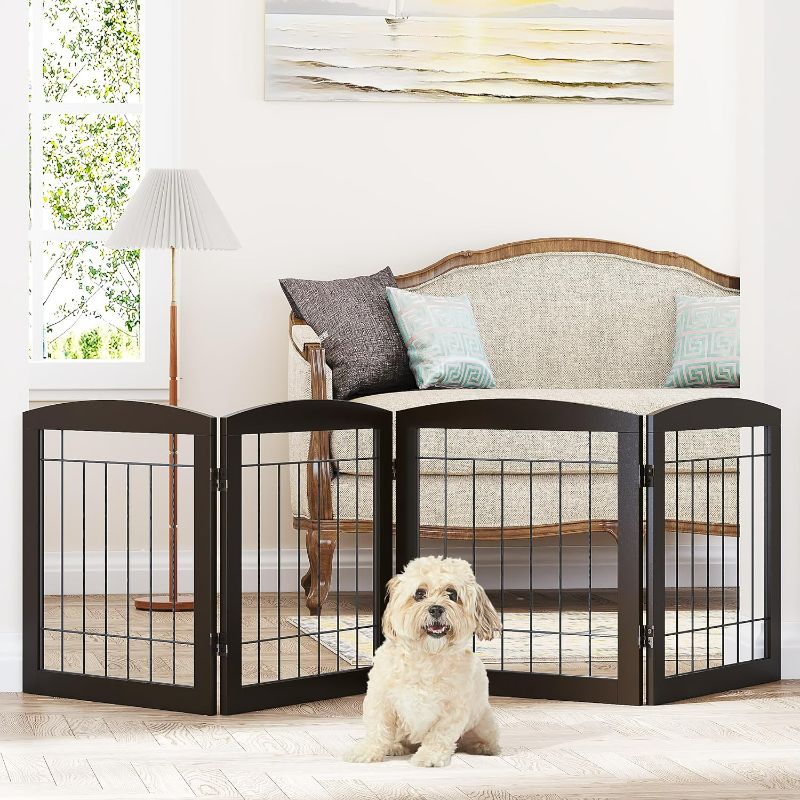 Photo 1 of PAWLAND Dog Gate for The House Doorway Stairs Foldable Freestanding Indoor Pet Gate for Dogs Wooden Puppy Safety Fence 80" Wide 24" Height 4 Panels, Espresso