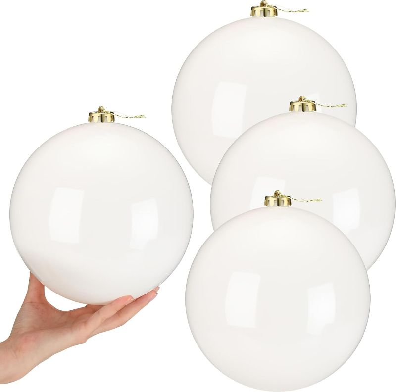 Photo 1 of 4 Pcs Large Christmas Ball Ornaments Giant Commercial Grade Plastic Christmas Ball Hanging Decorations 8'' (200 Mm) for Outdoor Holiday Party Decors Christmas Tree (White)