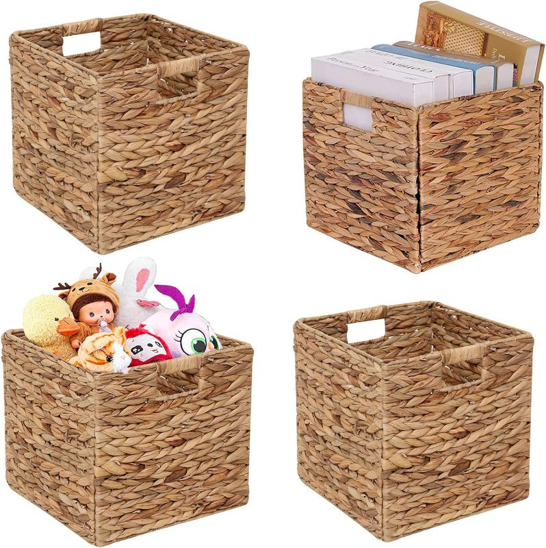 Photo 1 of Storage Baskets Wicker Cube Baskets Foldable Handwoven Water Hyacinth Laundry Organizer,Set of 4 pcs Baskets-11x11x11inch