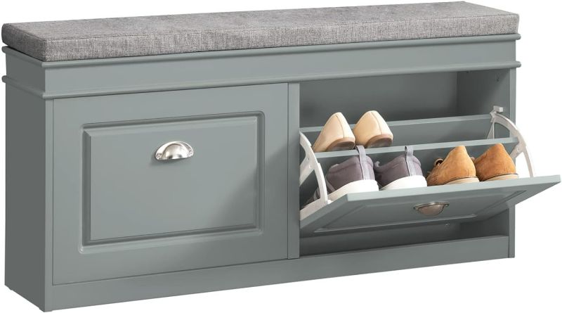 Photo 1 of Haotian FSR64-HG, Grey Storage Bench with Drawers & Padded Seat Cushion, Hallway Bench Shoe Cabinet Shoe Bench
