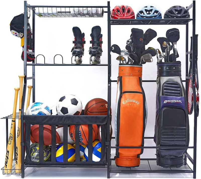 Photo 1 of Garage Sports Equipment Organizer, Golf Bag Stand for Garage Ball Storage Rack Indoor/Outdoor Kids Toys Storage Organizer Bins, Ball Holder with Baskets