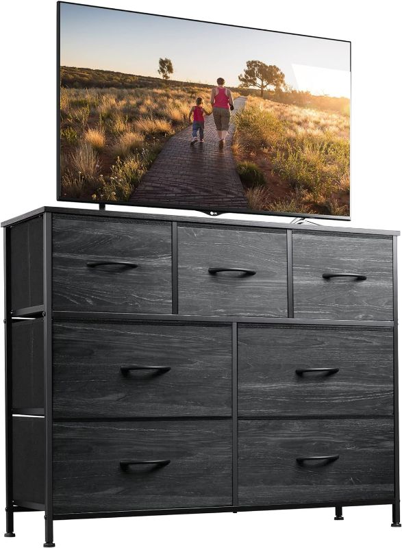 Photo 1 of WLIVE Dresser TV Stand, Entertainment Center with Fabric Drawers, Media Console Table with Metal Frame and Wood Top for TV up to 45 inch, Chest of Drawers for Bedroom, Charcoal Black Wood Grain Print