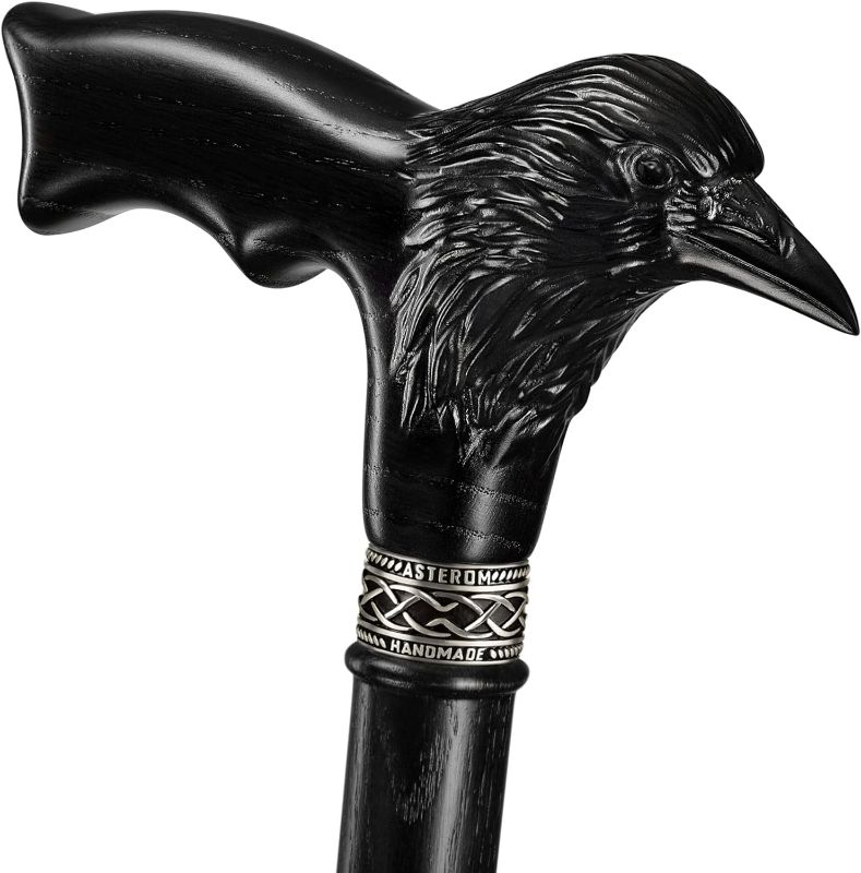 Photo 1 of Asterom Handmade Wooden Carved Walking Cane for Men and Women - Raven - Stylish Walking Stick Gothic Crow Cane
