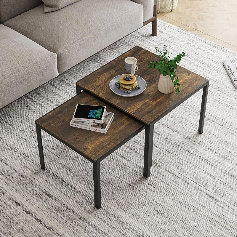 Photo 1 of Nesting Coffee Table Set of 2, Square Modern Stacking Table with Wood Finish, Industrial End Table Side Tables for Living Room Bedroom Balcony Yard Rustic Brown