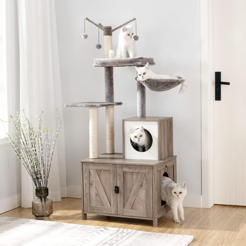 Photo 1 of Cat Tree Tower with Litter Box Enclosure for Indoor Cats, Wooden Cat Condo with Scratching Posts, Cat Litter Box Furniture Hidden, All-in-One Cat Toy with Cat House, Greige BG15MZ03