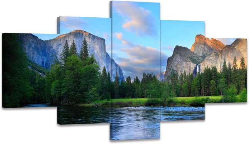Photo 1 of SKASNFAI 5 Pieces Canvas Wall Art Yosemite National Park Poster Nature Mountain Framed Artwork for Living Room Bedroom Home (60Wx32H)