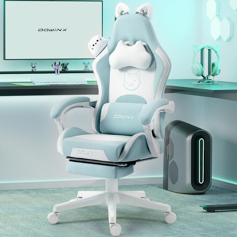 Photo 1 of Dowinx Gaming Chair Cute with Cat Ears and Massage Lumbar Support, Ergonomic Computer Chair for Girl with Footrest and Headrest, Comfortable Reclining Game Chair 290lbs for Adult, Teen, Blue Green