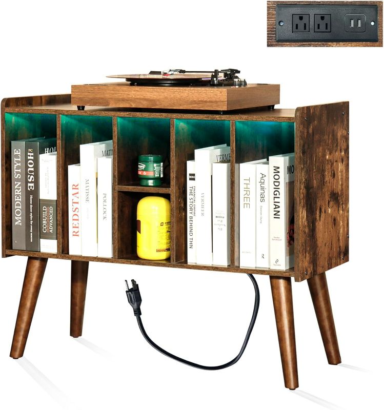 Photo 1 of Record Player Stand with LED Light - Large Turntable Stand with Vinyl Record Storage, Record Player Table Up to 120 Albums, Record Stand with Outlet