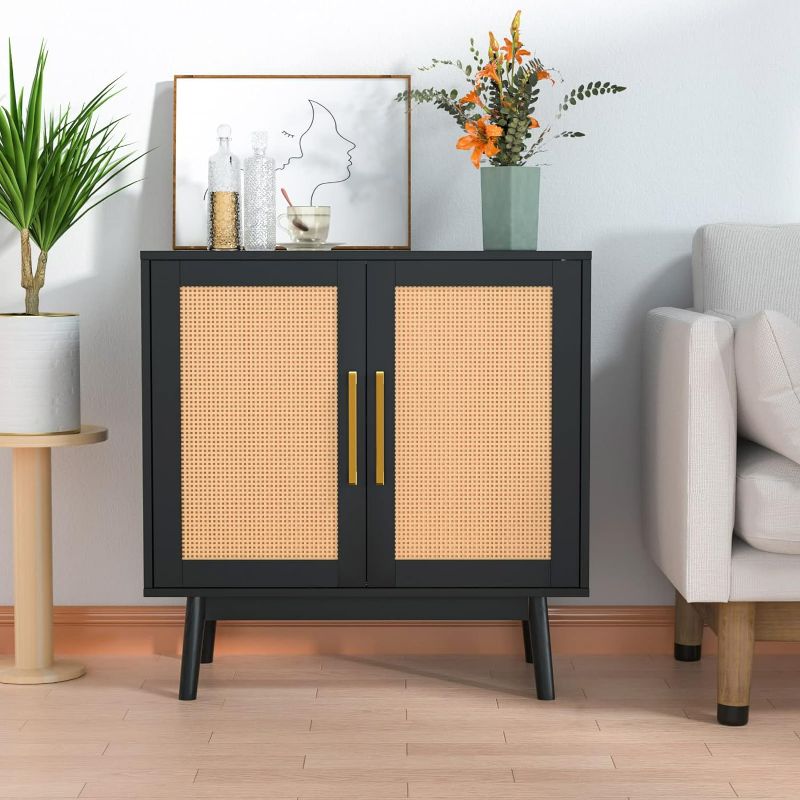 Photo 1 of CARPETNAL Sideboard Buffet Cabinet, Modern Rattan Storage Cabinet with Double Doors and Adjustable Shelves, Accent Cabinet for Living Room, Bedroom, Hallway (Black)