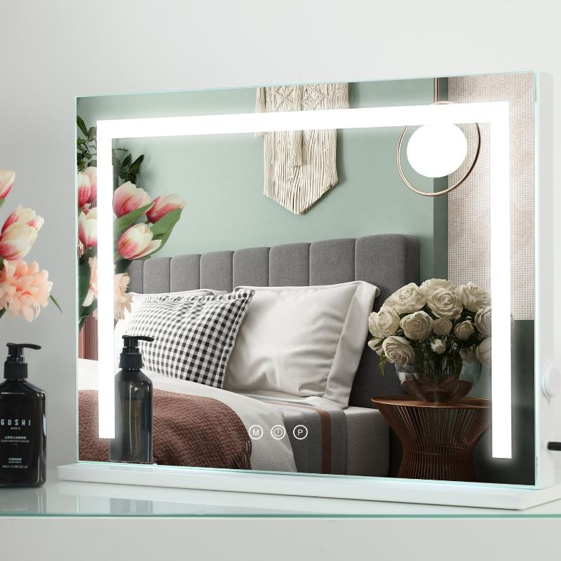 Photo 1 of Hollywood Vanity Mirror Large Makeup Mirror with Lights, Metal Frame, Dimmable 3 Modes, Touch Control, USB Charging, Tabletop or Wall-Mounted, 22.83" x 17.5", White