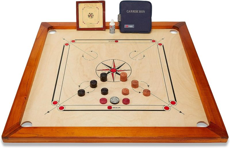 Photo 1 of Premium Carrom Board Set – 33 x 33” Official Size Playing Board Including Carrom Men, Striker & Powder - Hardwood Edges for Better Rebound – Made in India – Great Value for All Players