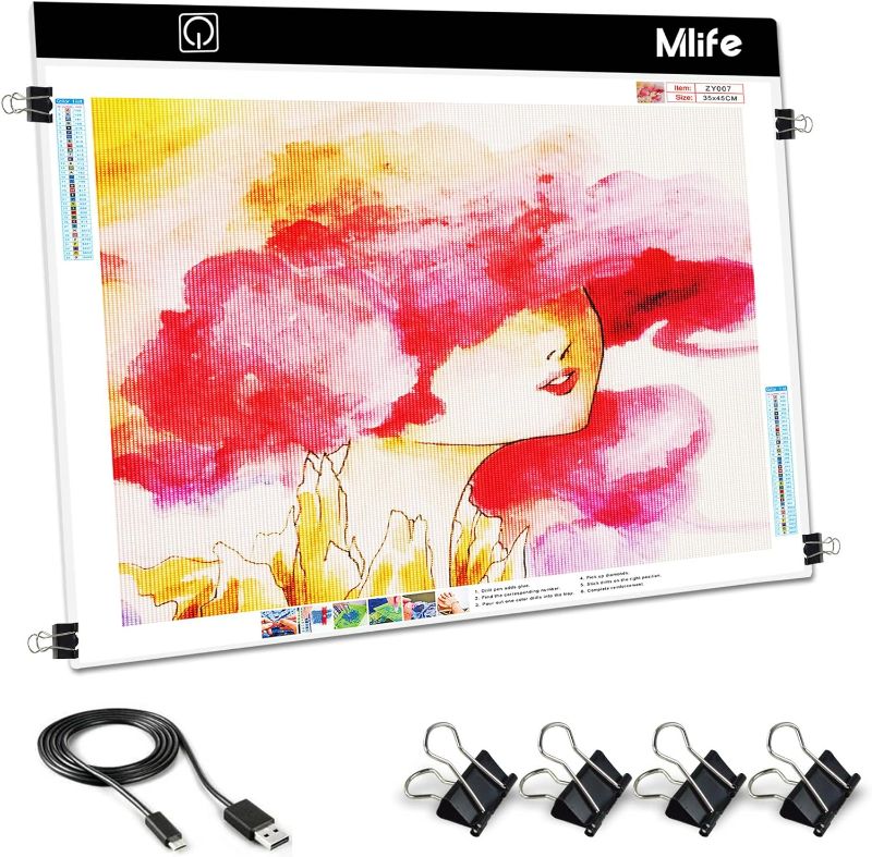 Photo 1 of A2 LED Light Pad for Diamond Painting, Diamond Art Light Board with 3 Brightness, Tracing Light Board with USB Cable & 4 Fasten Clips for Sketching, Animation, Drawing, Diamond Painting Supplies