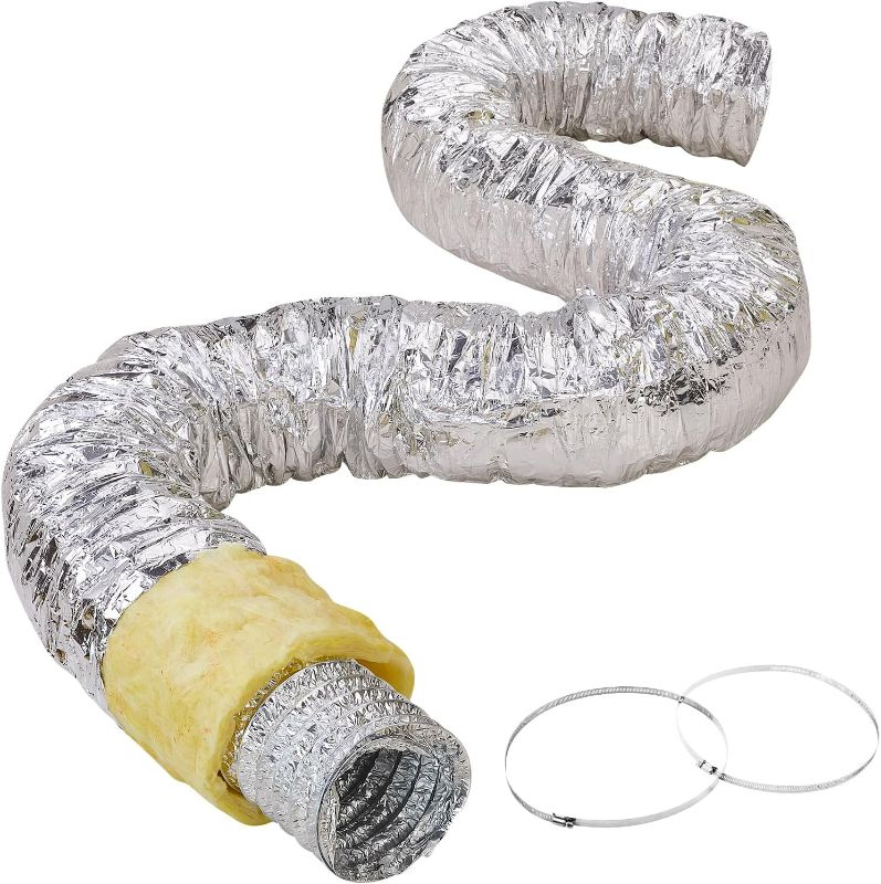 Photo 1 of 6 Inch Insulated Flexible Duct R-4.2?25 Feet Long with 2 Duct Clamps, Heavy-Duty Three Layer Protection Air Ducting Hose for HVAC Heating Cooling Ventilation and Exhaust Ductwork Insulation