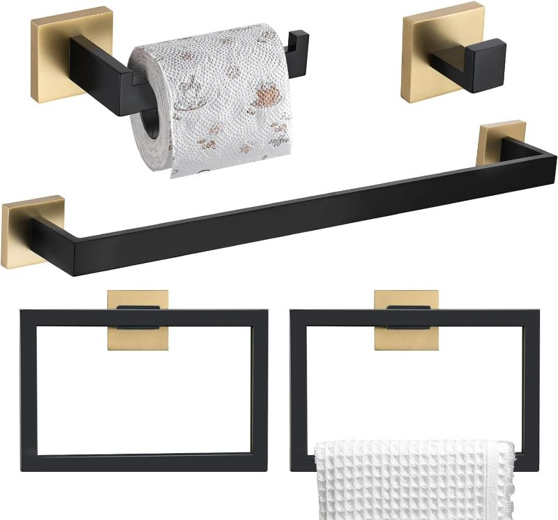 Photo 1 of TURS 5-Pieces Bathroom Hardware Set Black and Gold Towel Bar Set with 2 Towel Ring Toilet Paper Holder and Towel Hook, Stainless Steel Black and Gold Towel Holder Set Wall Mount