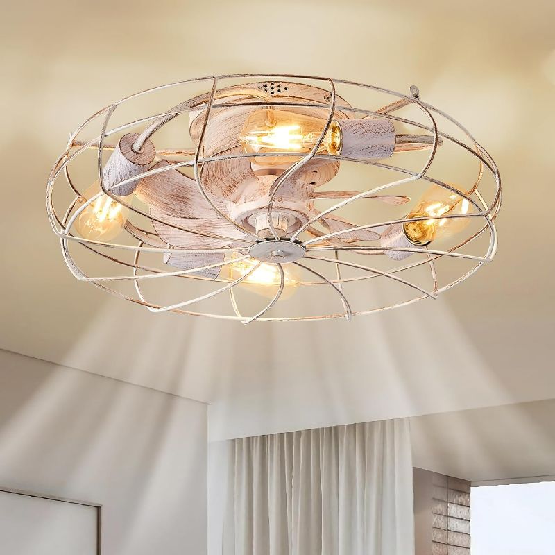 Photo 1 of LEDIARY 20" Caged Ceiling Fans with Lights, Flush Mount Low Profile Ceiling Fan with Remote, Small Modern Farmhouse Industrial Ceiling Fan with Light for Bedroom, Kitchen, Dining Room, Indoor
