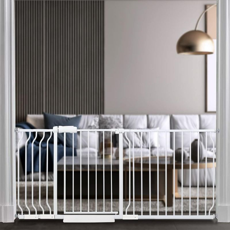 Photo 1 of Extra Wide Baby Gate Tension Indoor Safety Gates White Metal Large Pet Gate Pressure Mounted Walk Through Long Dog Gate for The House Doorways Stairs (66.9 Inch-71.6 Inch/170cm-182cm, White)