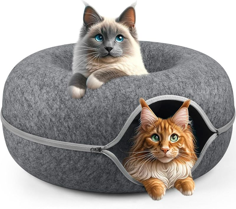 Photo 1 of Cat Tunnel Bed Peekaboo Cat Cave for Indoor Cats, Scratch Resistant & Washable & Detachable Round Felt Cat Donut Tunnel for Small Pets Rabbits, Kittens, Puppy, 20" x 20" x 9", Dark Grey