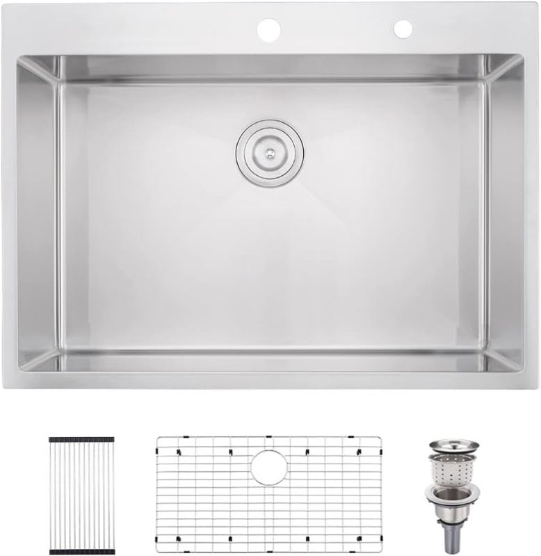 Photo 1 of 30 inch Drop in Kitchen Sink, 30 x 22 Inch Drop in/Topmount Kitchen Sink 16 Gauge Stainless Steel Single Bowl Kitchen Sink Handmade Deep Kitchen Sink with Roll-up Rack, Drainer and Grid