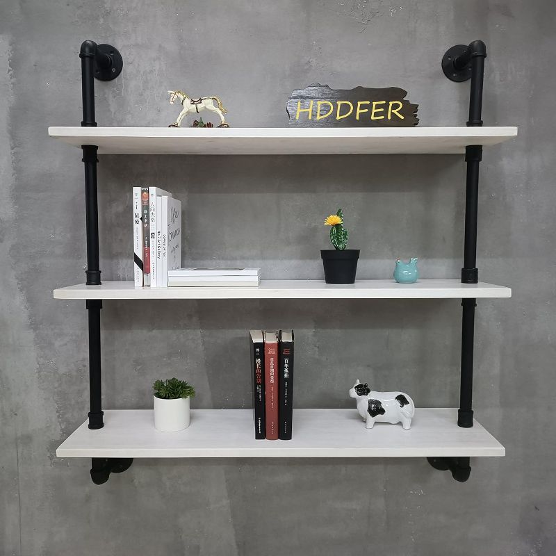 Photo 1 of Industrial  Shelving Rustic White Pipe Wall Shelves Industrial Bathroom Shelves with Wood Planks Industrial Floating Shelves 30 Inch Farmhouse Bookshelf Pipe Shelves Wall Mounted