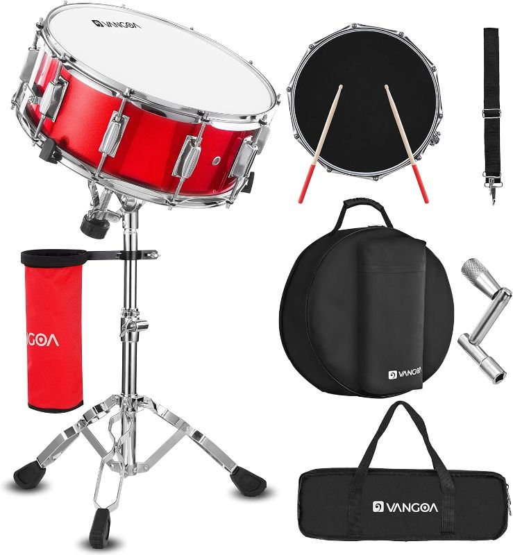 Photo 1 of Vangoa Snare Drum Set, Student Beginner Snare Drum Kit with Stand, Drumstick Holder, Snare Drum Bag, Strap, Mute Pad, 5A Drum Sticks, Drum Keys, 14"X 5.5", Red