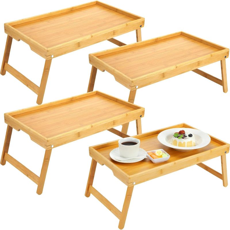 Photo 1 of Bamboo Bed Tray Table with Folding Legs Breakfast in Bed Tray Serving Food Trays for Eating on Bed Sofa Laptops Sleepover Slumber Party Kids Adult(Wooden Color, 4 Pcs)