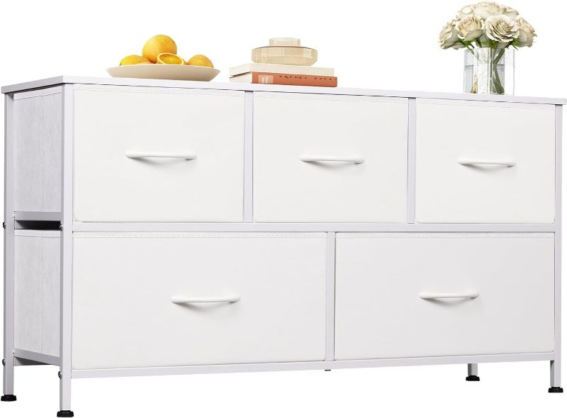 Photo 1 of WLIVE Dresser for Bedroom with 5 Drawers, Wide Chest of Drawers, Fabric Dresser, Storage Organization Unit with Fabric Bins for Closet, Living Room, Hallway, White