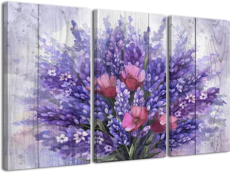 Photo 1 of Flower Wall Art,3 Piece Purple Lavender on the Wood Grain Background Canvas Print Nature Scenery Wall Art for Living Room Bedroom Wall Painting Decoration Modern Artwork