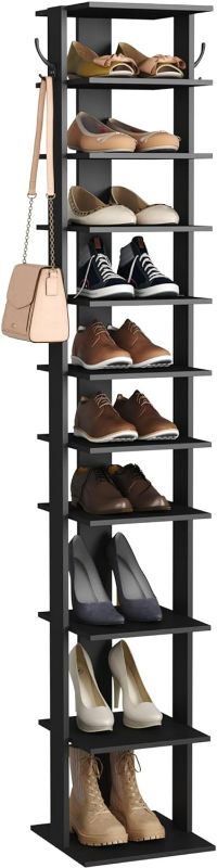 Photo 1 of HOMEFORT 10-Tier Vertical Shoe Rack, Corner Shoe Tower, Slim Shoe Organizer with Two Hanging Hooks, Wooden Shoe Storage Stand for Entryway, Hallway, Closet (Black)