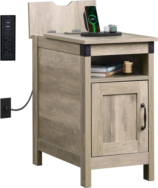 Photo 1 of WLIVE End Table with Charging Station, Side Table with USB Ports and Outlets, Narrow Side Table for Small Spaces, Living Room, Couch, Nightstand with Storage, Greige