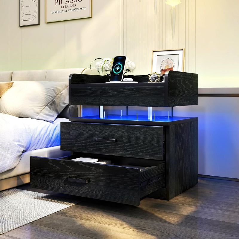 Photo 1 of TC-HOMENY LED Nightstand with Voice-Activated Mode, Acrylic Float Nightstand with Charging Station, Side Table End Table with 2 Drawers (Black)