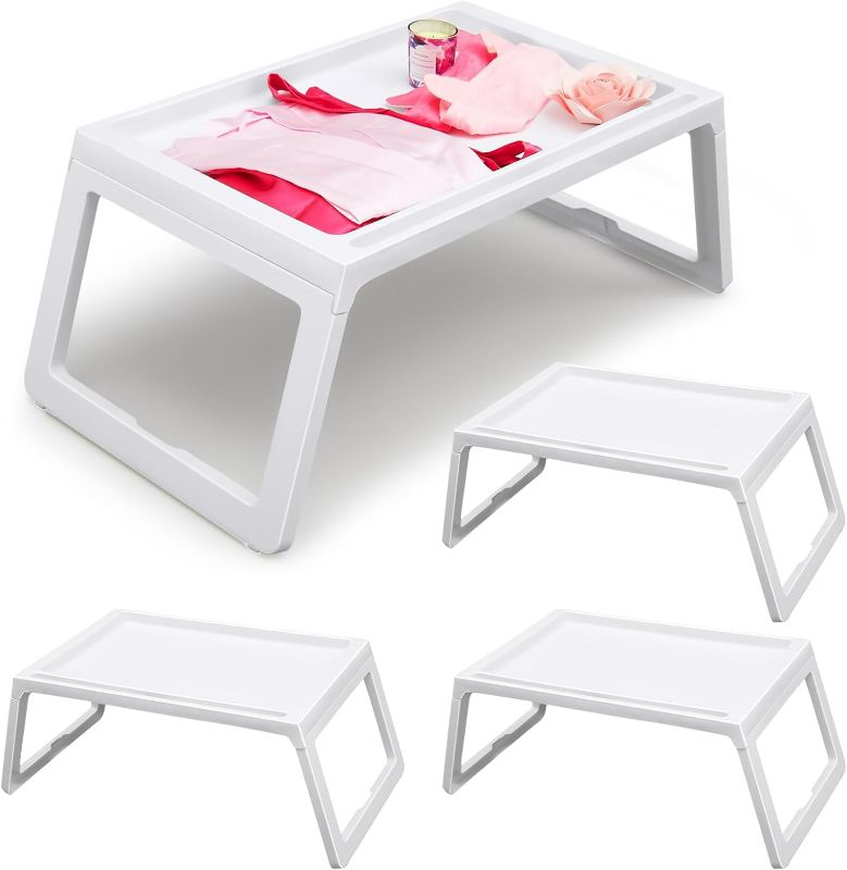 Photo 1 of 4 Pack Breakfast in Bed Tray Folding Table Plastic Lap Trays Folding Legs with Handles Serving Food Trays for Eating on Bed Sofa Laptops Sleepover Slumber Party Kids Adult (White)