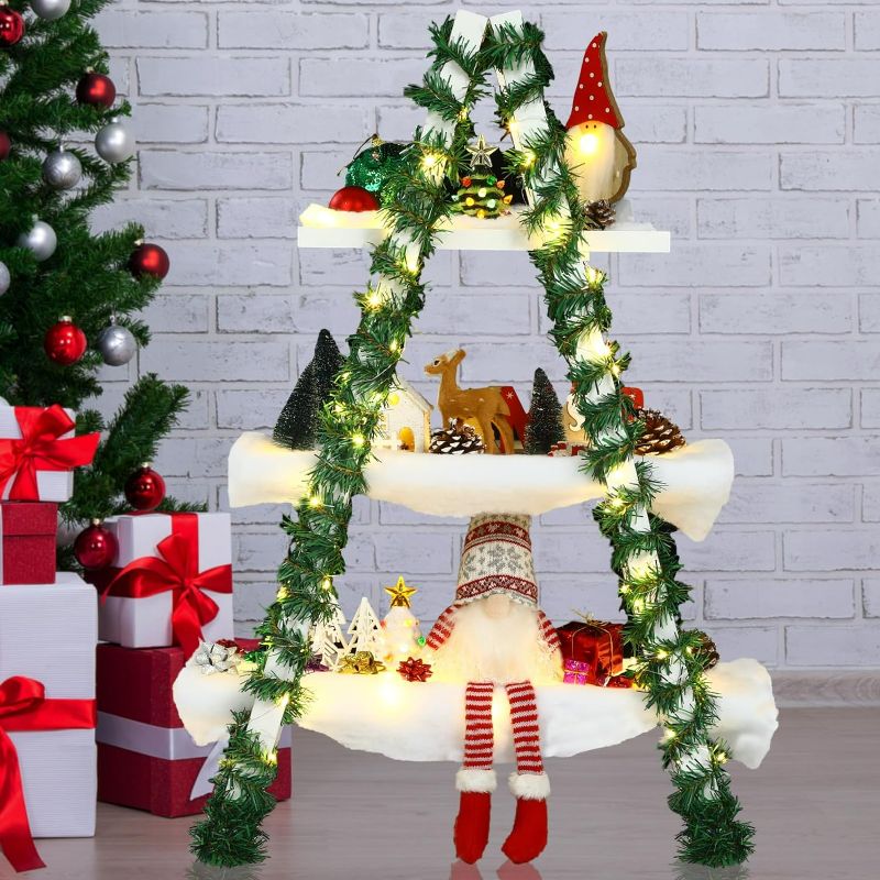 Photo 1 of Christmas Village Display Christmas Shelf Display 3 Tier A Frame Wooden Ladder Stand with LED Light String Green Christmas Garland Artificial Snow for Xmas Tree Village Display Home Office