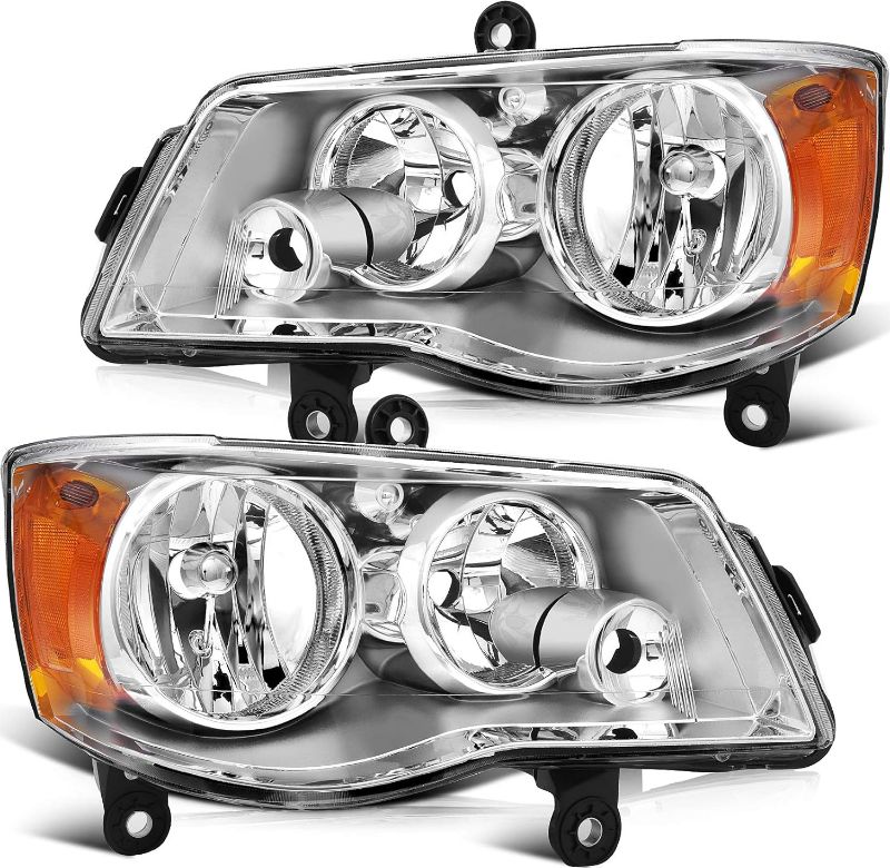 Photo 1 of Headlight Assembly For Chrysler Town & Country 2008-2016 For Grand Caravan 2011-2019 Chrome Housing Amber Reflector Clear Lens Driver and Passenger Side Headlamp