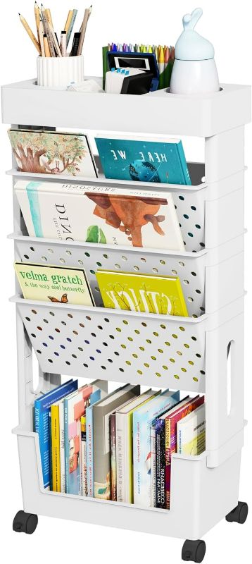 Photo 1 of 5-Tier Mobile Bookshelf, Rolling Bookcase Book Storage Rack, Movable File Folder Organizer Cart with Wheels for Home Study Office Living Room Classroom, White