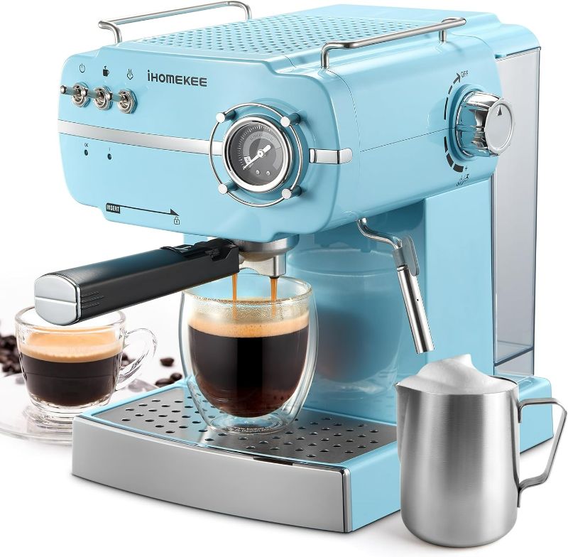 Photo 1 of Espresso Machine, Retro Style Espresso Coffee Maker with Fast Heating Automatic, Latte & Cappuccino Maker with Milk Frother Steam Wand, Pressure Gage, Aqua - CM6885A (Retro Style Aqua)