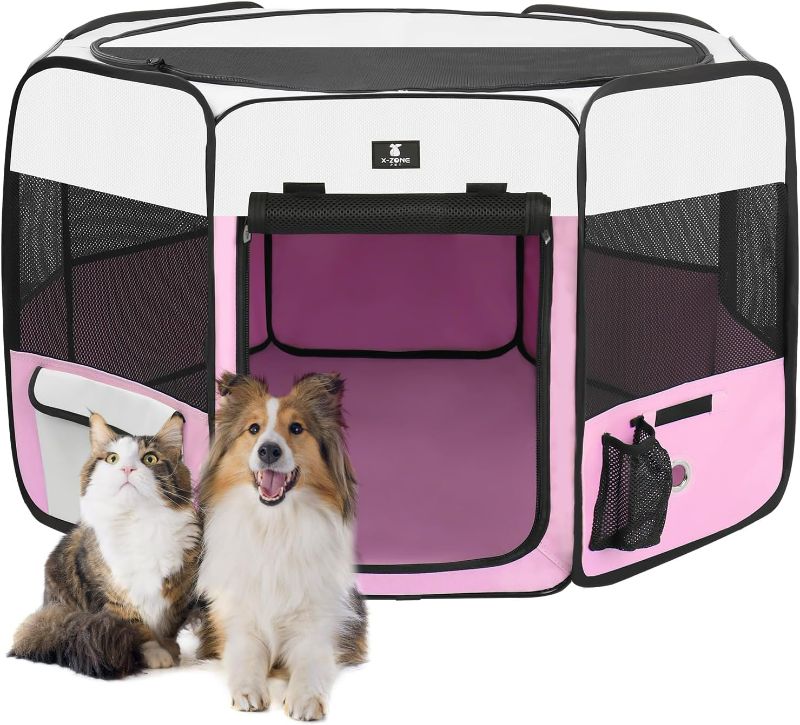 Photo 1 of X-ZONE PET Portable Foldable Pet Dog Cat Playpen Crates Kennel/Premium 600D Oxford Cloth,Removable Zipper Top, Indoor and Outdoor Use (XL, Pink)
