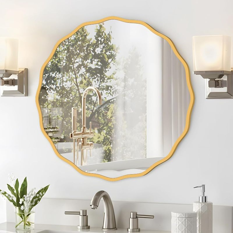 Photo 1 of Round Mirror for Wall Decorative 20 inch Modern Gold Wavy Mirror Whit Wood Frame Circle Wall Mirror for Bathroom Bedroom Living Room Home House Office Entryway
