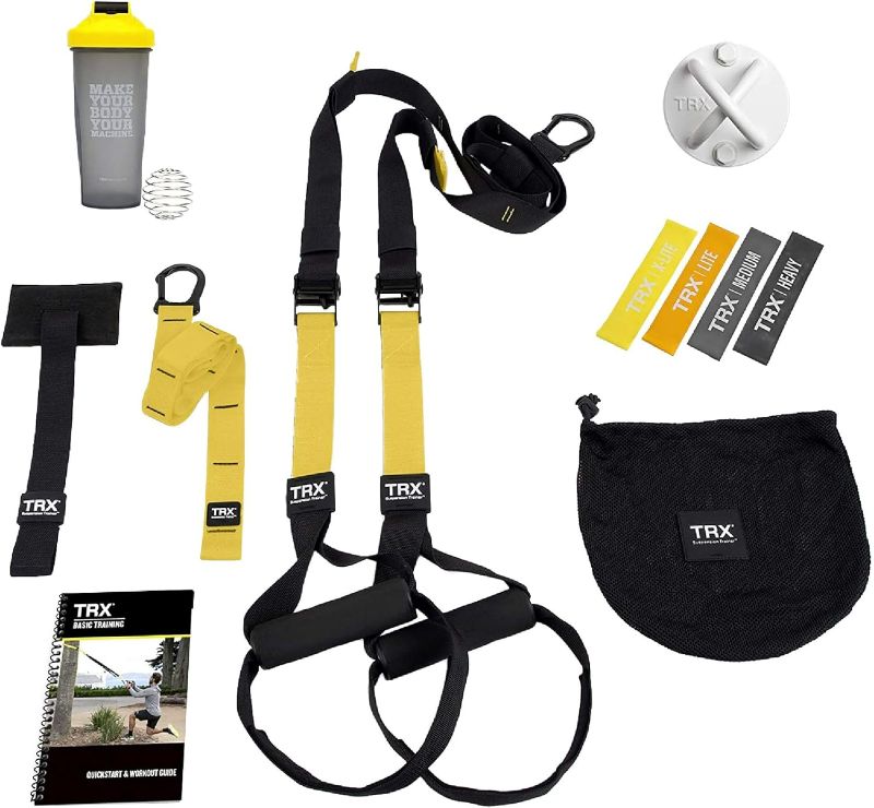 Photo 1 of TRX Training All-in-One Suspension Trainer Exercise Equipment Bundle with XMount Wall Anchor, 4 Strength-Exercise Bands, and Shaker Bottle, 10 Items Total
