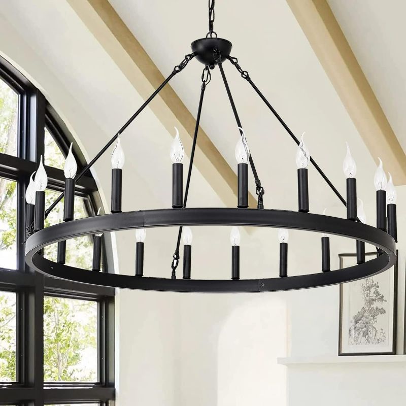 Photo 1 of 40 Inch Black Wagon Wheel Chandelier, 20-Lights Farmhouse Industrial Country Style Round Pendant Light Fixture for Dining Room Kitchen Island Foyer Entryway
